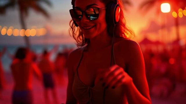 Mujer DJ en la playa al atardecer durante una fiesta tropical