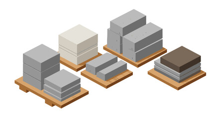 Isometric concrete blocks on wooden pallets in construction setting