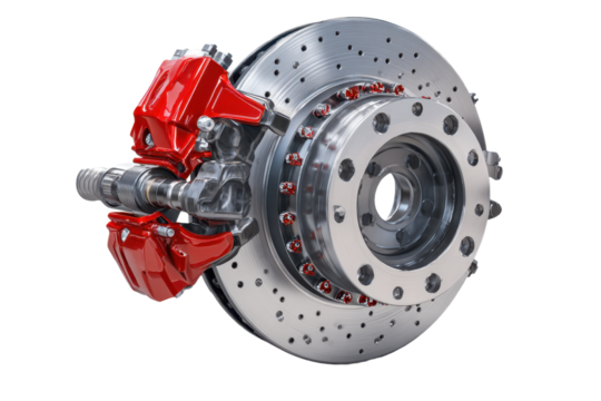 Modern Automotive Brake Disc with Red Caliper on Transparent Background