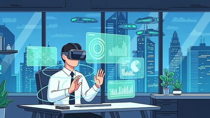 Businessman in a Futuristic Office Using Virtual Reality Technology. - Powered by Adobe