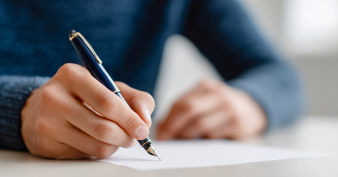 Close-up of person writing on paper with a fountain pen in a casual setting, focusing on hand and pen details with blurred background