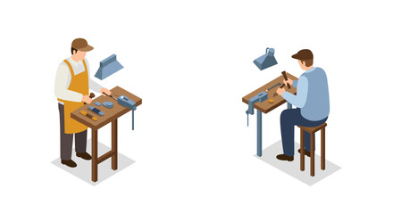 Isometric workshop: craftsmen at work in detailed 3d settings