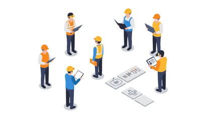 Isometric teamwork meeting in construction uniforms discussing architectural plans