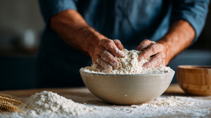 Close-up of hands kneading flour dough in a ceramic bowl on a wooden table with scattered flour and wheat stalks