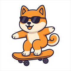 Fun Shiba Inu Dog Riding Skateboard Flat Vector Logo Illustration - Cool Pet Character