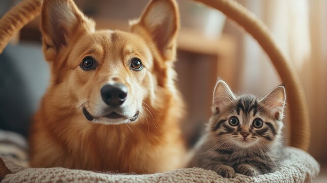 A cheerful golden dog sits alongside a curious tabby kitten in a cozy indoor setting, making it ideal for pet care advertisements, companionship themes, or social media posts about pets,
