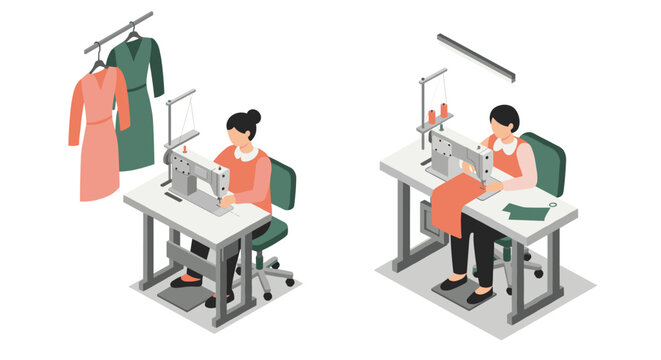 Seamstress working at sewing machine in modern tailoring workshop