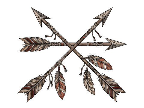 Hand-drawn illustration of two crossed arrows with feathers in a rustic, tribal style, isolated on a white background.