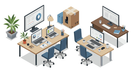 Isometric modern office workspace with desks, computers, and office supplies