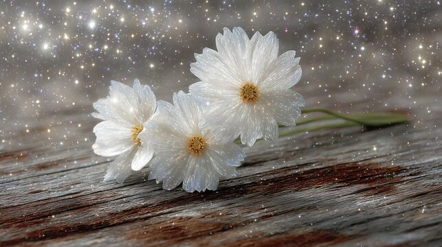 White spring flowers and glowing sparkles on rustic wooden surface soft romantic floral background for wedding invitations greeting cards and elegant spa beauty branding