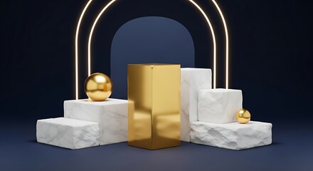 Luxurious golden cube and spheres on white marble pedestals with glowing arches.
