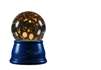 Pristine empty glass snow globe with deep sapphire blue base on dark, polished mahogany, dramatic rim light, extreme golden bokeh background, maximizing copy space. Concept of festive anticipation