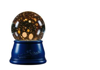 Pristine empty glass snow globe with deep sapphire blue base on dark, polished mahogany, dramatic rim light, extreme golden bokeh background, maximizing copy space. Concept of festive anticipation