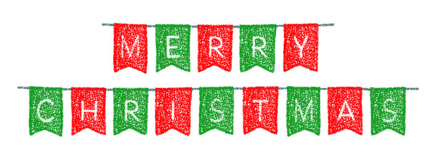 Christmas banner with garland flags. Crayon bunting with Merry Christmas text. Red and green pennants with letters on string. Xmas garland drawn with crayon, vector illustration