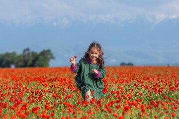 A cute four-year-old girl with wavy long hair in a poppy field on a spring day