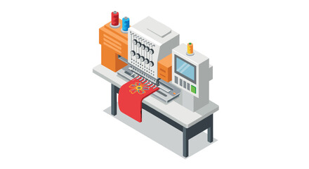 Modern isometric embroidery machine with floral design and control panel