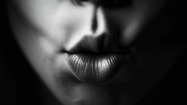ack and white close-up of lips gently holding a capsule with the word Happy printed on its surface