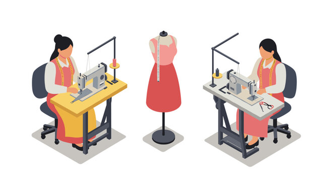 Isometric fashion design scene with seamstresses and dress form in tailoring studio - Powered by Adobe