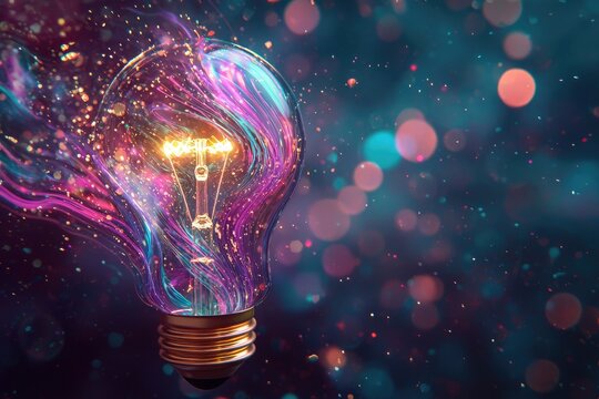 light bulb with glowing neon waves and colorful sparks in dark background representing creativity and innovation for business design use