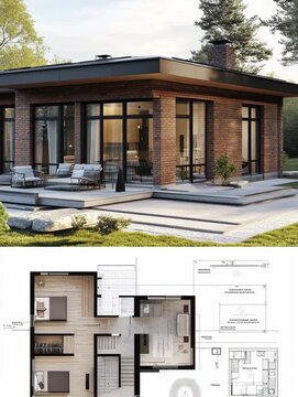 A modern single-story house with large windows and a clean layout shown together with its floor plan