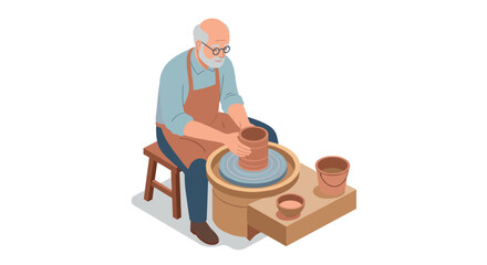 Elderly potter crafting clay pottery in isometric style on pottery wheel