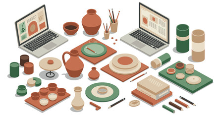 Modern workspace with pottery and laptops in isometric design