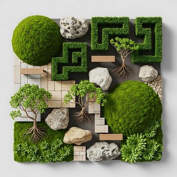 Abstract textured greenery and rocks arrangement with geometric patterns