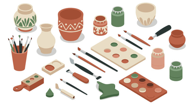 Isometric pottery and painting tools with decorative patterns and brushes in earthy tones