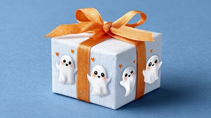 White gift box with cute ghost stickers and orange ribbon on blue background playful Halloween present packaging flat lay for festive party decor and seasonal social media design