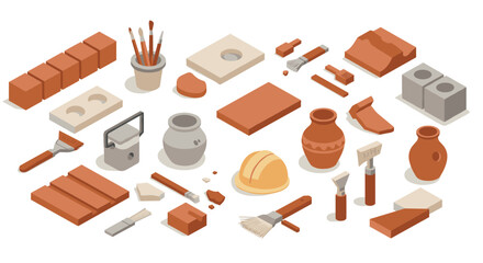 Isometric craft tools and materials for pottery and construction projects