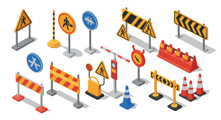Fototapeta premium Isometric traffic signs and barriers collection with road safety symbols
