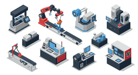 Obraz premium Isometric industrial machinery set with advanced robotic assembly line