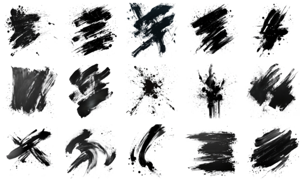 A collection of dynamic black ink brush strokes perfect for enhancing artistic projects. These versatile strokes offer unique textures and expressive styles ideal for backgrounds and designs.
