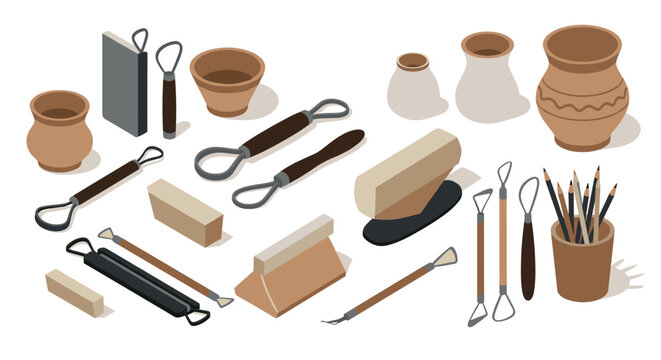 Isometric pottery tools and clay objects for crafting and sculpting projects