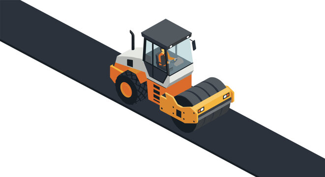 Isometric road roller on asphalt surface in minimalist design