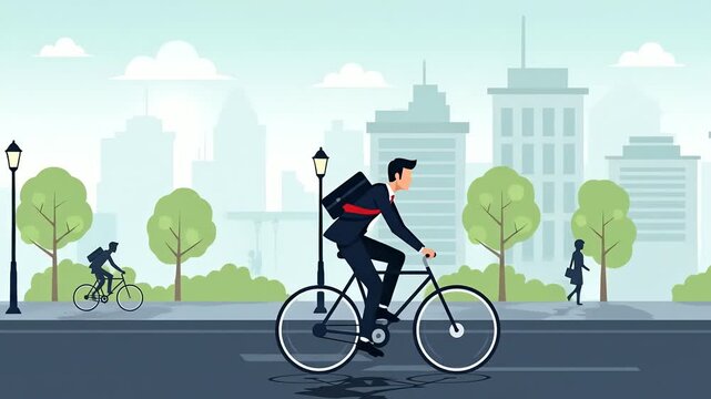 Businessman Commuting to Work by Bicycle in the City Animation.