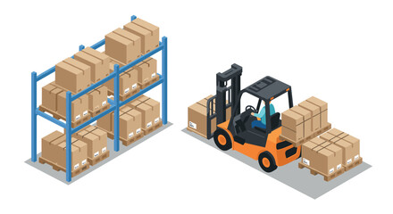Isometric warehouse scene with forklift and pallet racks loaded with boxes