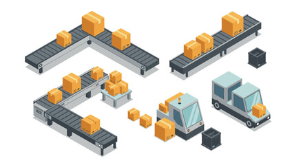 Obraz premium Isometric conveyor system with robotic vehicle and packages for logistics and automation