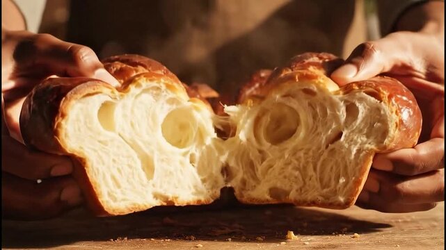 Hands Breaking Freshly Baked Bread on Tabletop Revealing Its Soft Texture in Cinematic Slow Motion Food Preparation Process
