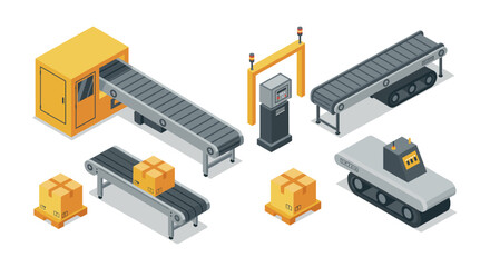 Obraz premium Isometric factory assembly line with conveyor belt and machinery