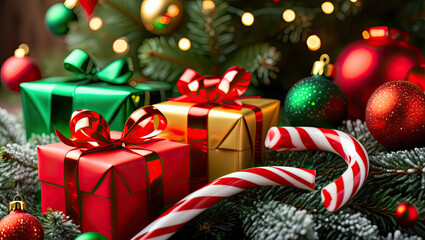 - Christmas gifts and candy canes in festive display red green gold