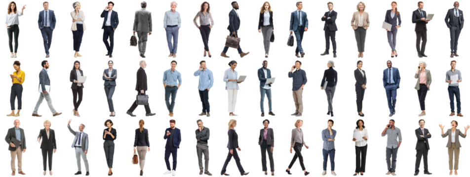 Set of business people in various actions on isolated background. Businesspeople, businesswomen, businessmen office worker in full body length studio professional shot in casual and formal wear