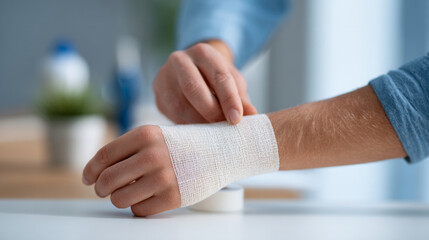 Close-up of person wrapping a gauze bandage around injured wrist in a bright indoor setting