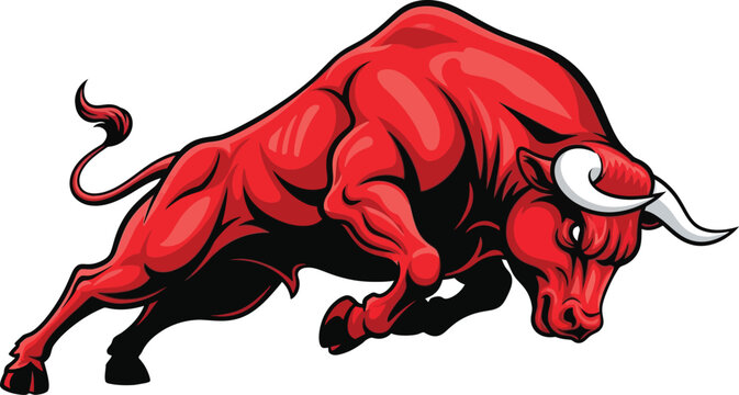 Illustration of red bull charging forward isolated on, powerful and strong