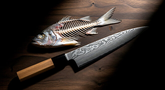 Minimalist, sushi chef's tools a yanagiba knife with its Damascus steel pattern visible, placed beside a fresh fish skeleton on a dark wooden board 