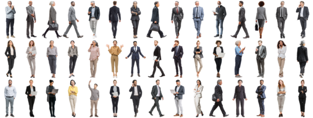 Set of business people in various actions on isolated background. Businesspeople, businesswomen, businessmen office worker in full body length studio professional shot in casual and formal wear