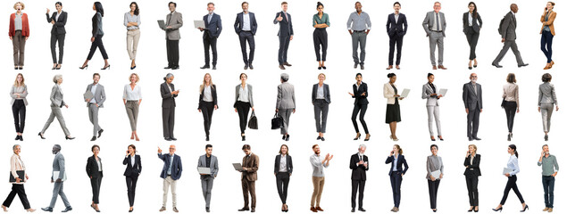Set of business people in various actions on isolated background. Businesspeople, businesswomen, businessmen office worker in full body length studio professional shot in casual and formal wear