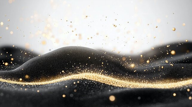 A luxurious abstract background featuring flowing black fabric adorned with sparkling gold glitter and soft bokeh lights.