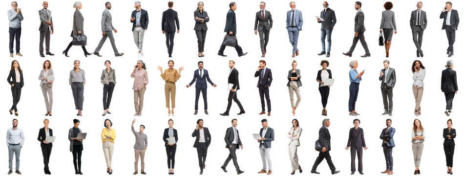 Set of business people in various actions on isolated background. Businesspeople, businesswomen, businessmen office worker in full body length studio professional shot in casual and formal wear - Powered by Adobe