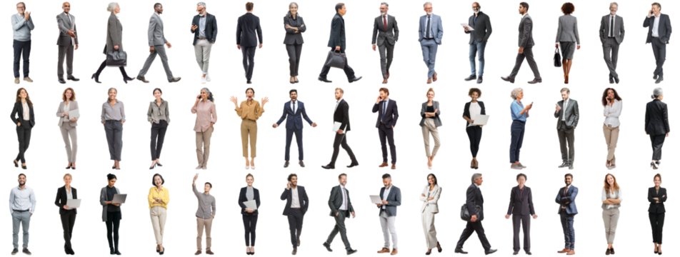 Set of business people in various actions on isolated background. Businesspeople, businesswomen, businessmen office worker in full body length studio professional shot in casual and formal wear